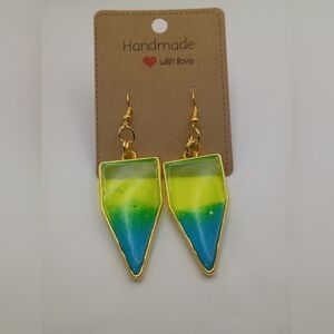 Women's Handmade Lime Green And Blue Resin Bezel Dangle Fish Hook Earrings